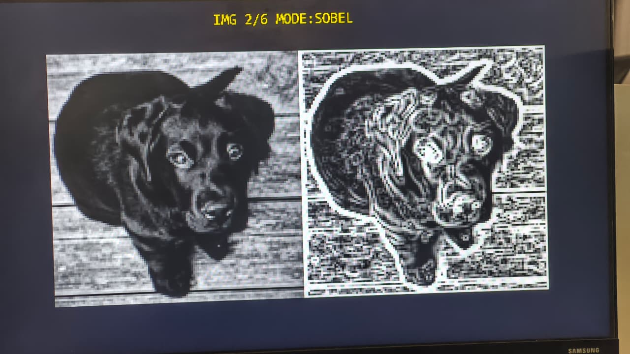 Split-screen HDMI output: a photo raw on the left, live Sobel edge detection on the right