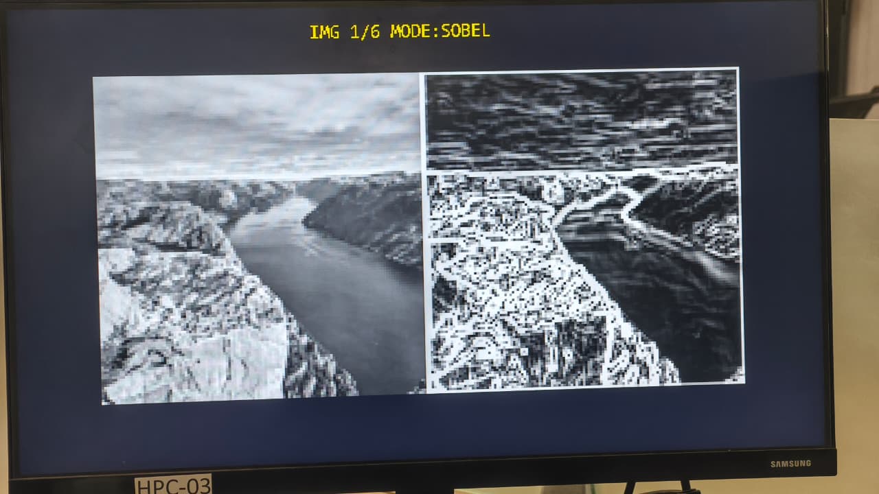 Split-screen HDMI output: a fjord landscape raw on the left, its Sobel edge map on the right